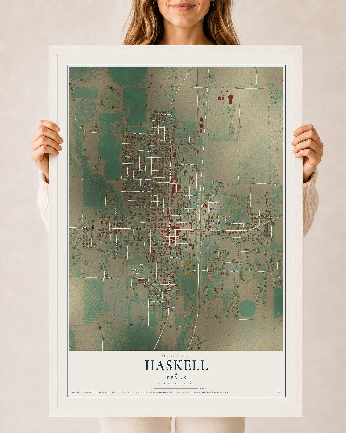Map of Haskell, Texas, 24 x 36 inch print in a white wood frame