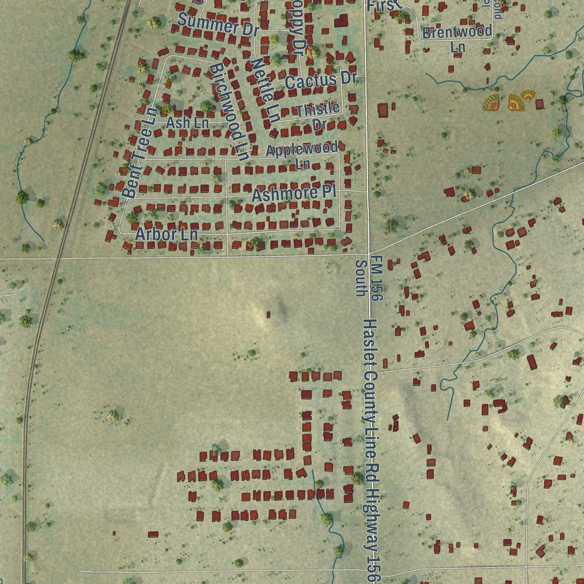 Close-up of the map of Haslet, Texas print showing street and building detail