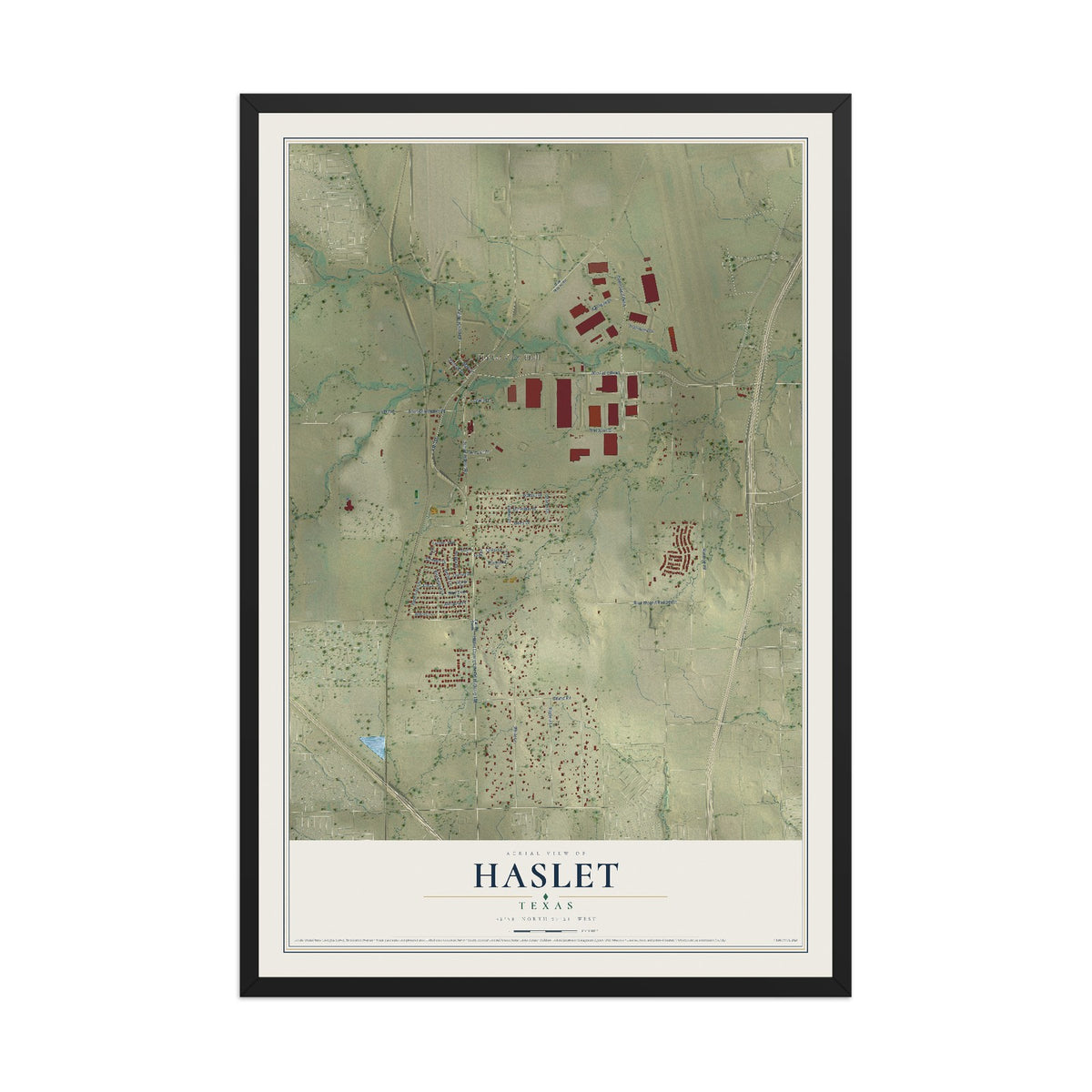 Map of Haslet, Texas, 12 x 18 inch print in a black wood frame