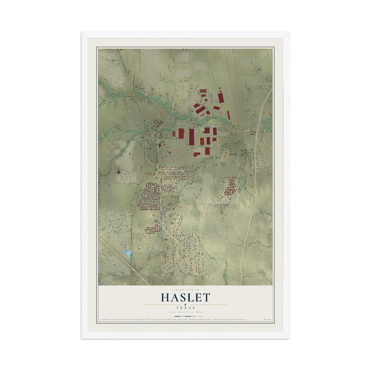 Map of Haslet, Texas, 12 x 18 inch print in a white wood frame