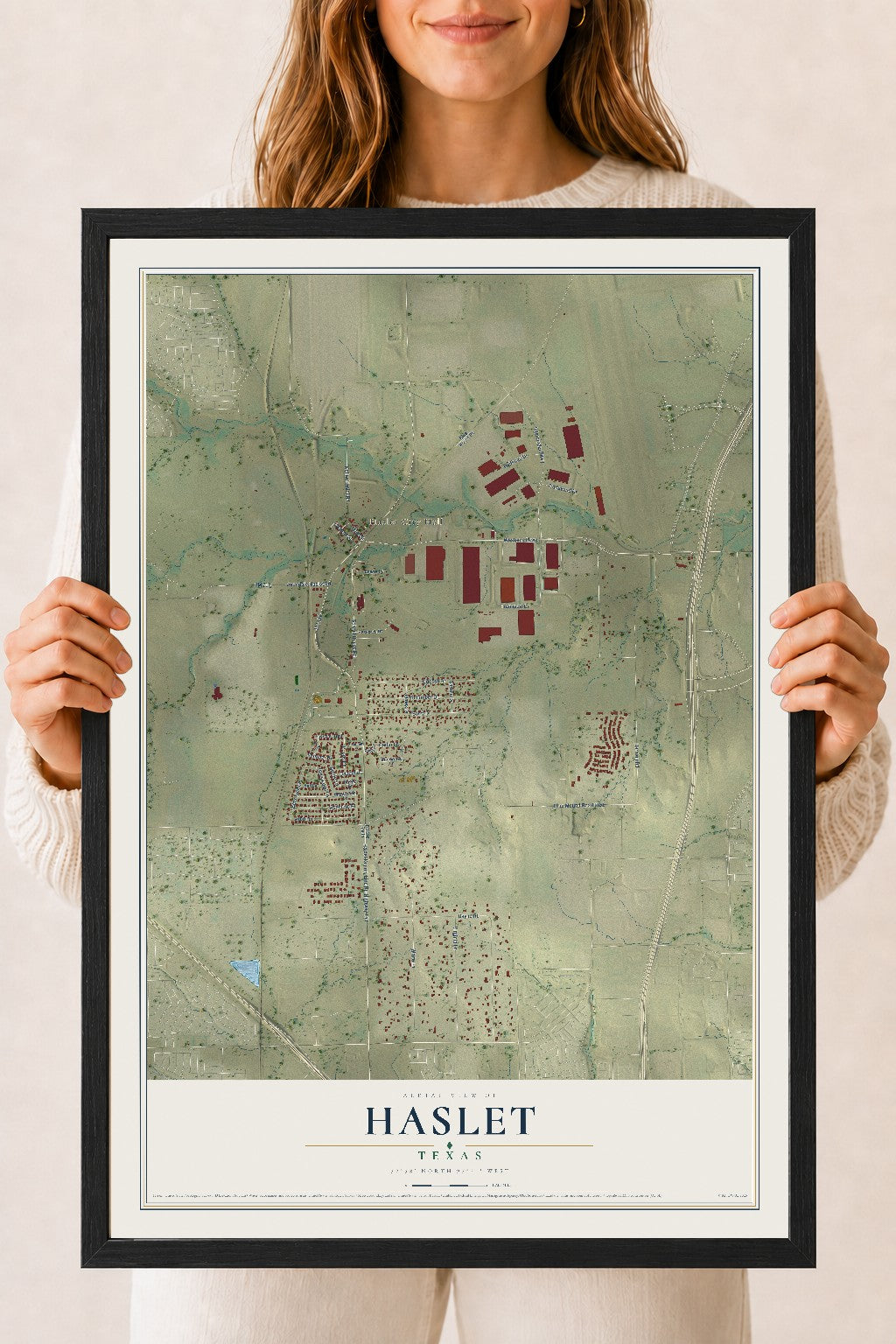 Map of Haslet, Texas, 18 x 24 inch print in a black wood frame