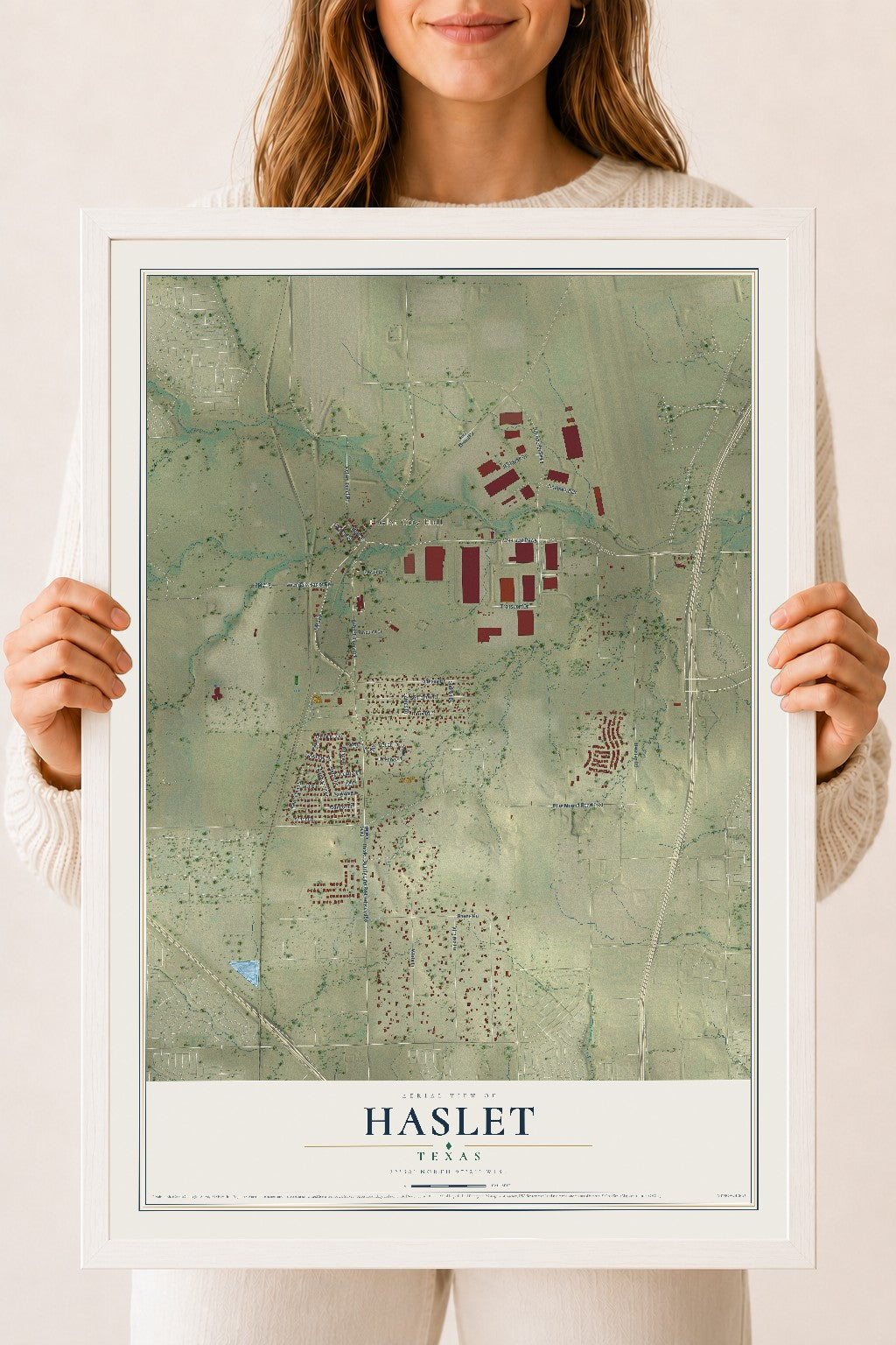 Map of Haslet, Texas, 18 x 24 inch print in a white wood frame