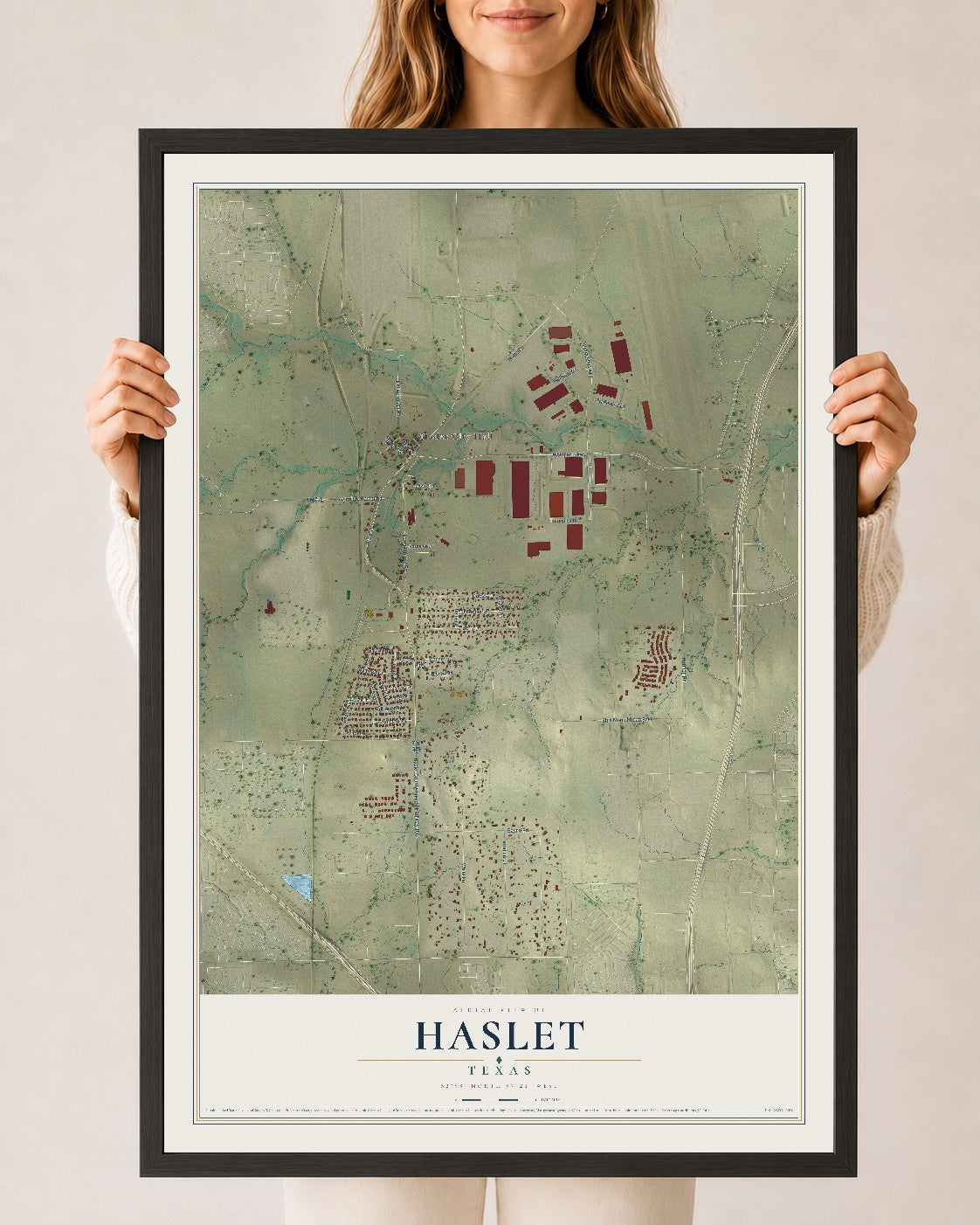 Map of Haslet, Texas, 24 x 36 inch print in a black wood frame