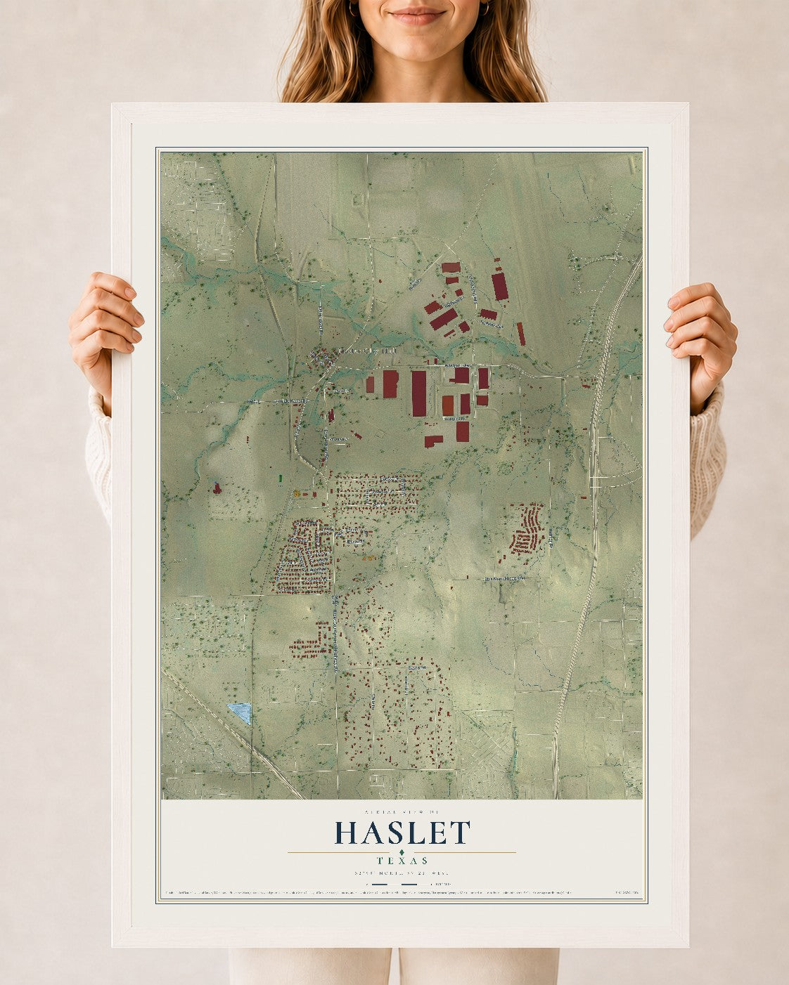 Map of Haslet, Texas, 24 x 36 inch print in a white wood frame