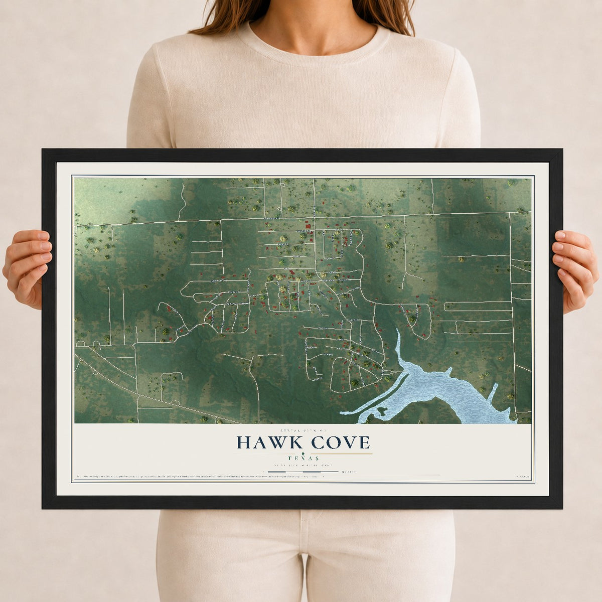 Map of Hawk Cove, Texas, 12 x 18 inch print in a black wood frame
