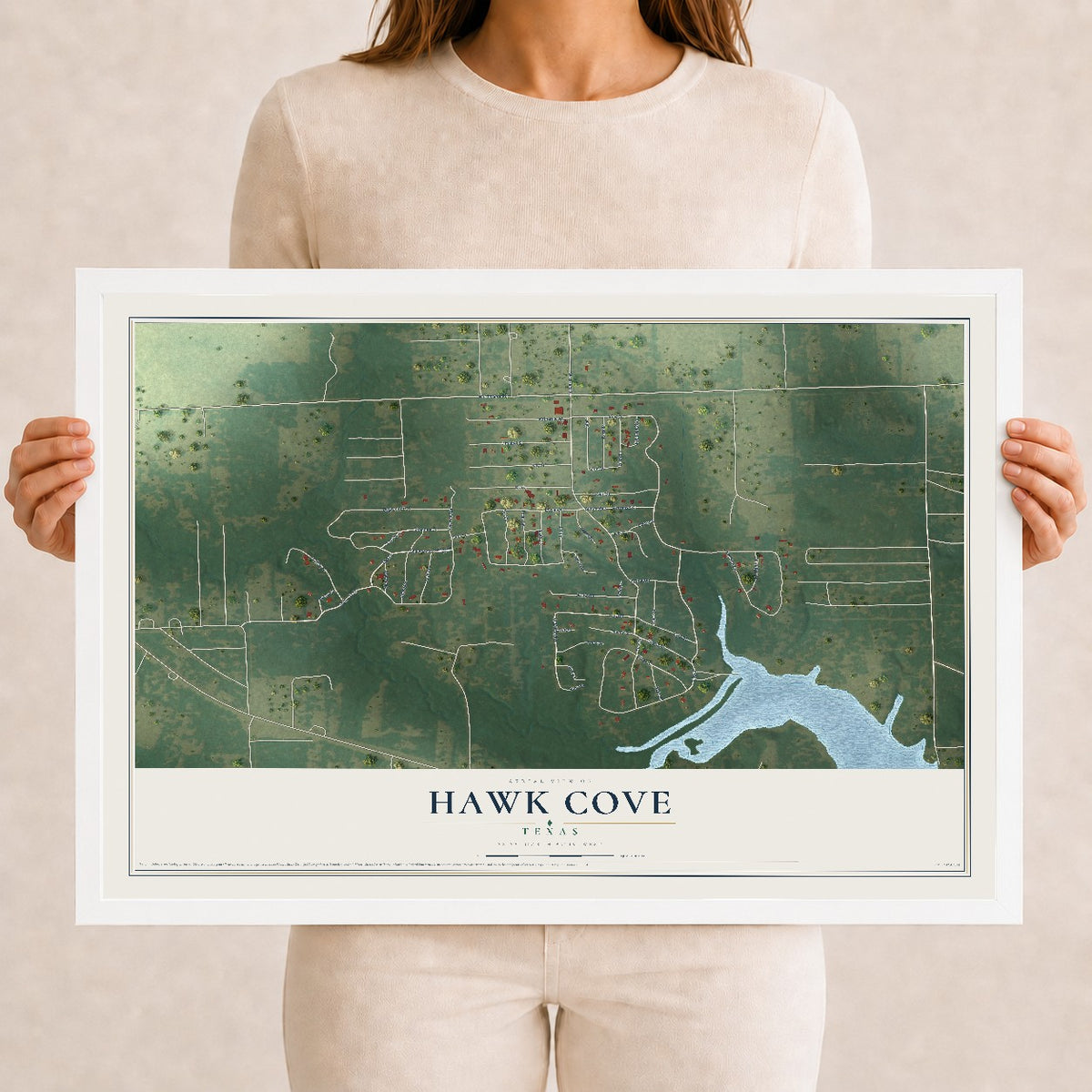 Map of Hawk Cove, Texas, 12 x 18 inch print in a white wood frame