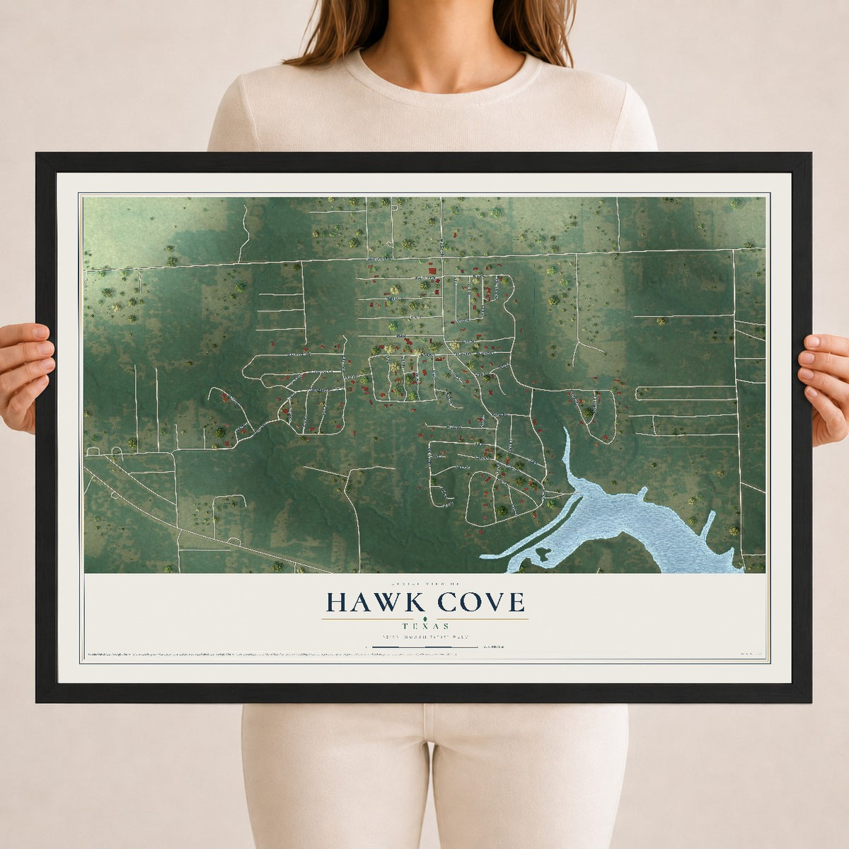 Map of Hawk Cove, Texas, 18 x 24 inch print in a black wood frame