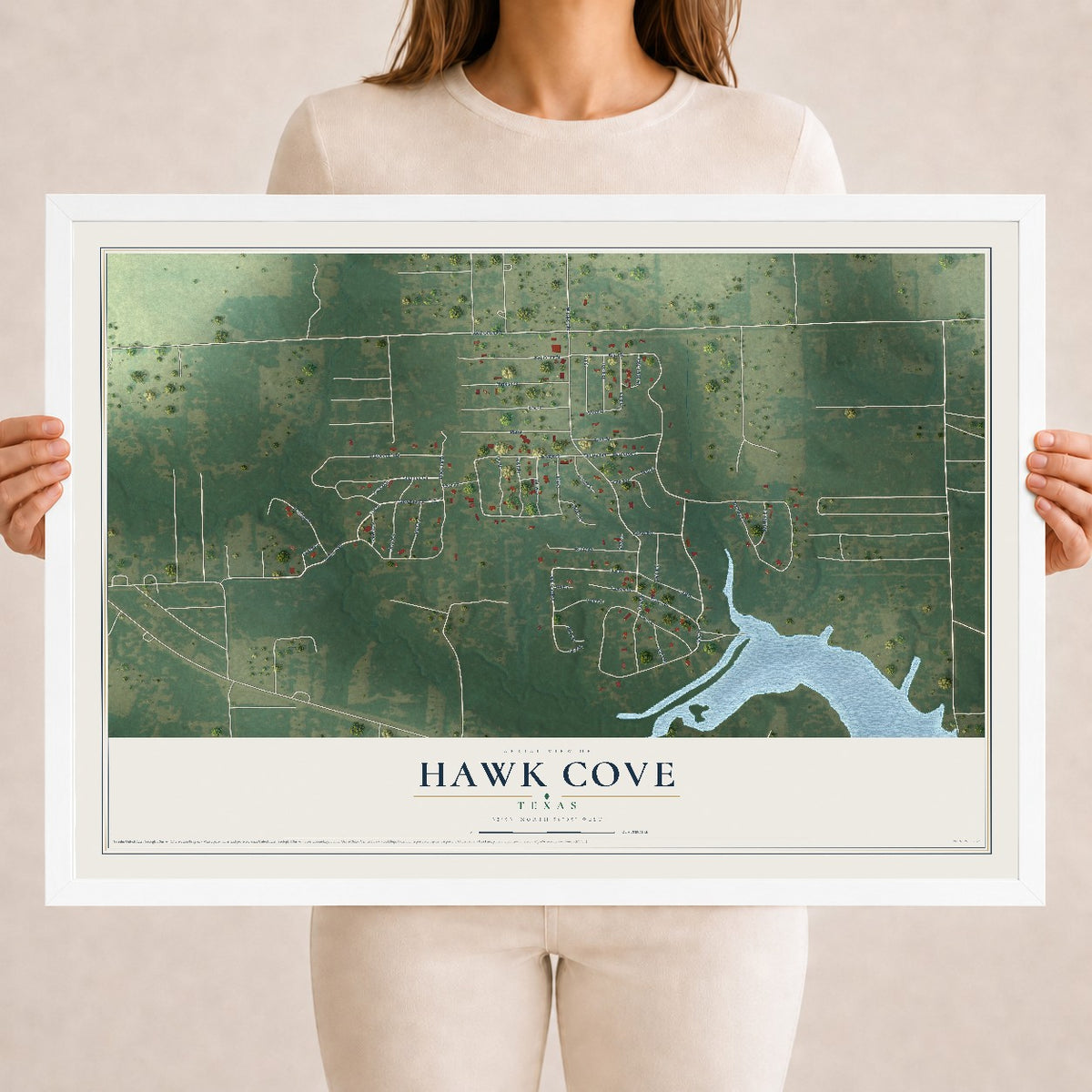 Map of Hawk Cove, Texas, 18 x 24 inch print in a white wood frame
