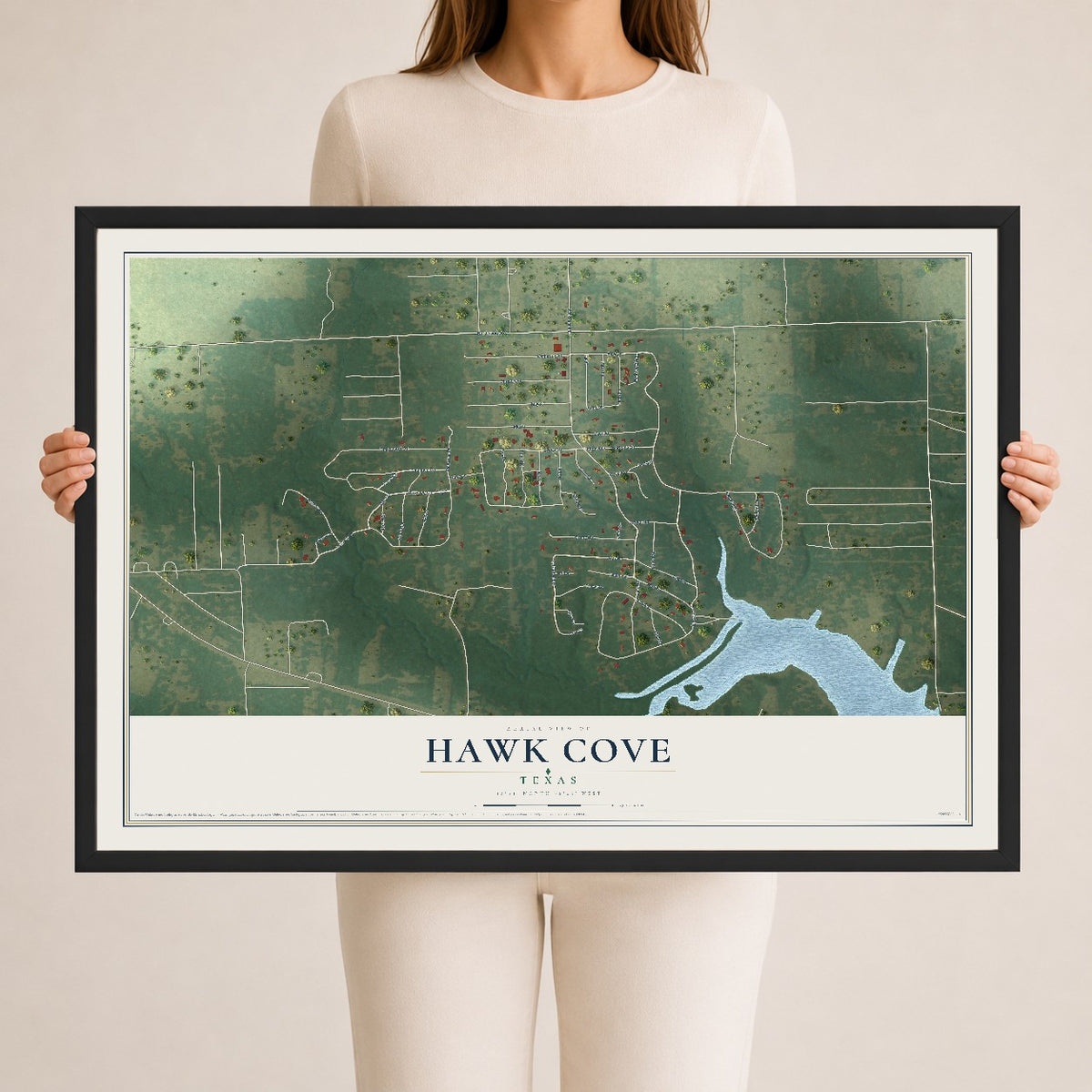 Map of Hawk Cove, Texas, 24 x 36 inch print in a black wood frame
