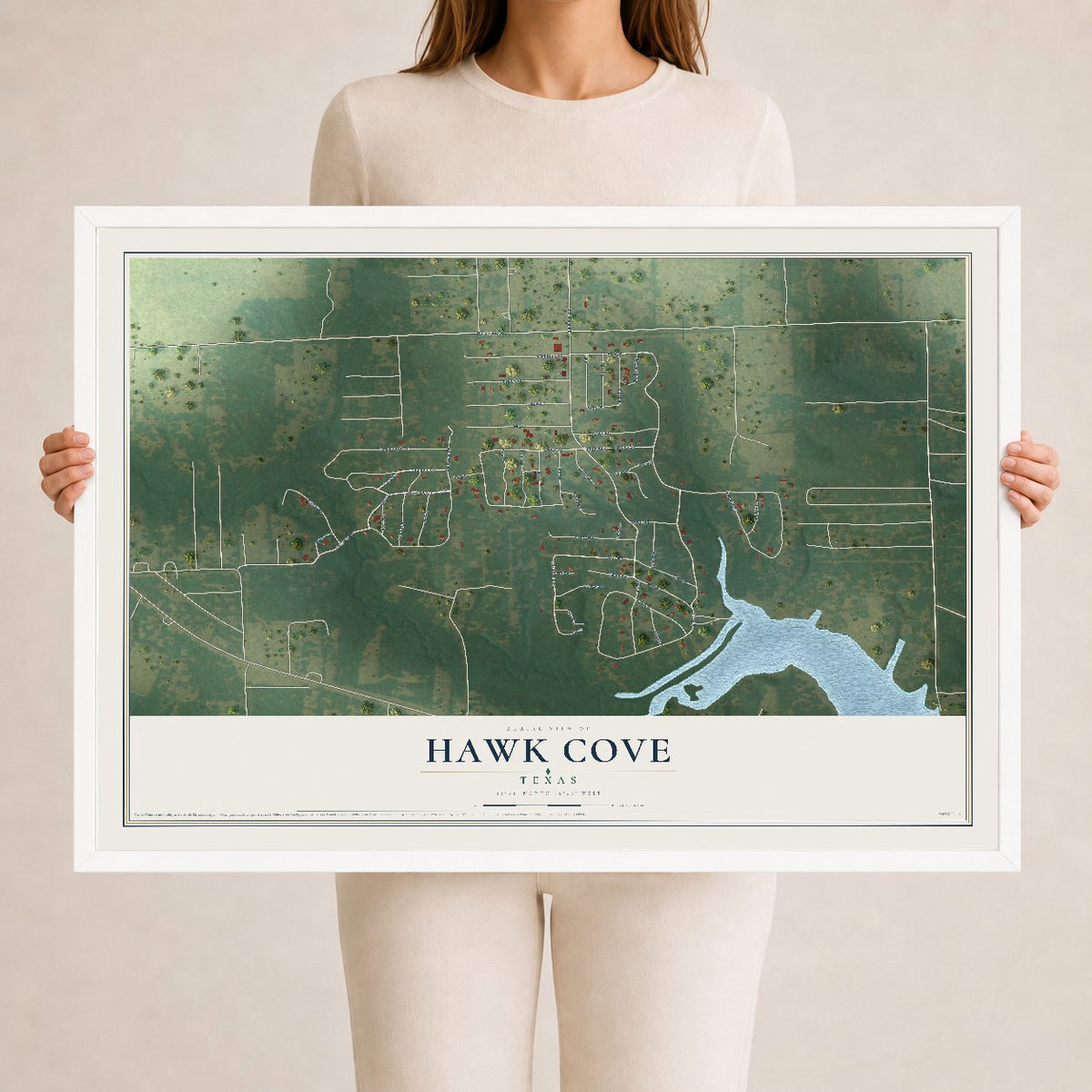 Map of Hawk Cove, Texas, 24 x 36 inch print in a white wood frame