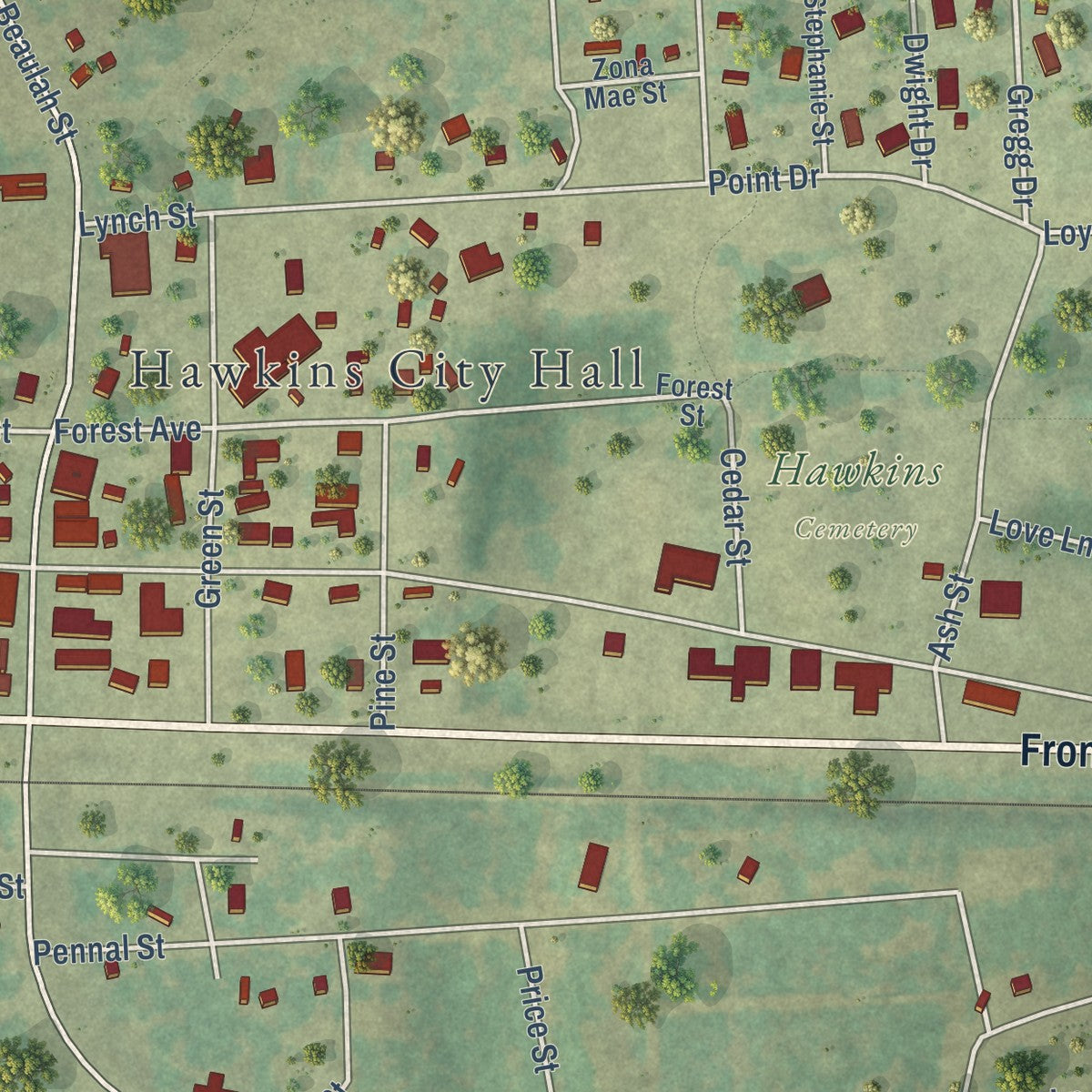 Close-up of the map of Hawkins, Texas print showing street and building detail