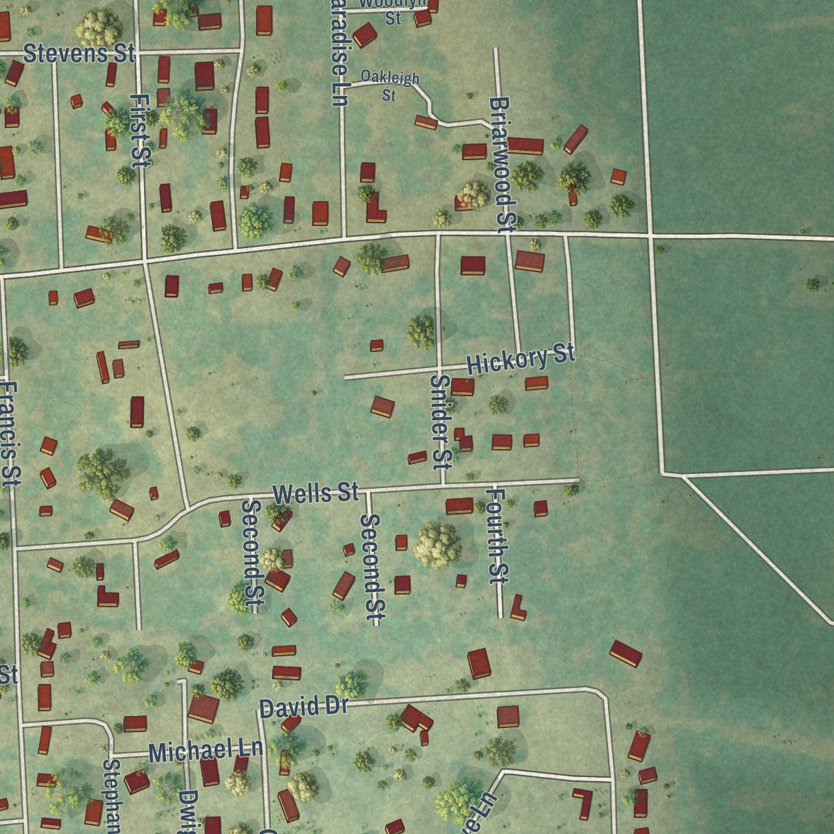 Second close-up of the map of Hawkins, Texas print showing more streets and buildings