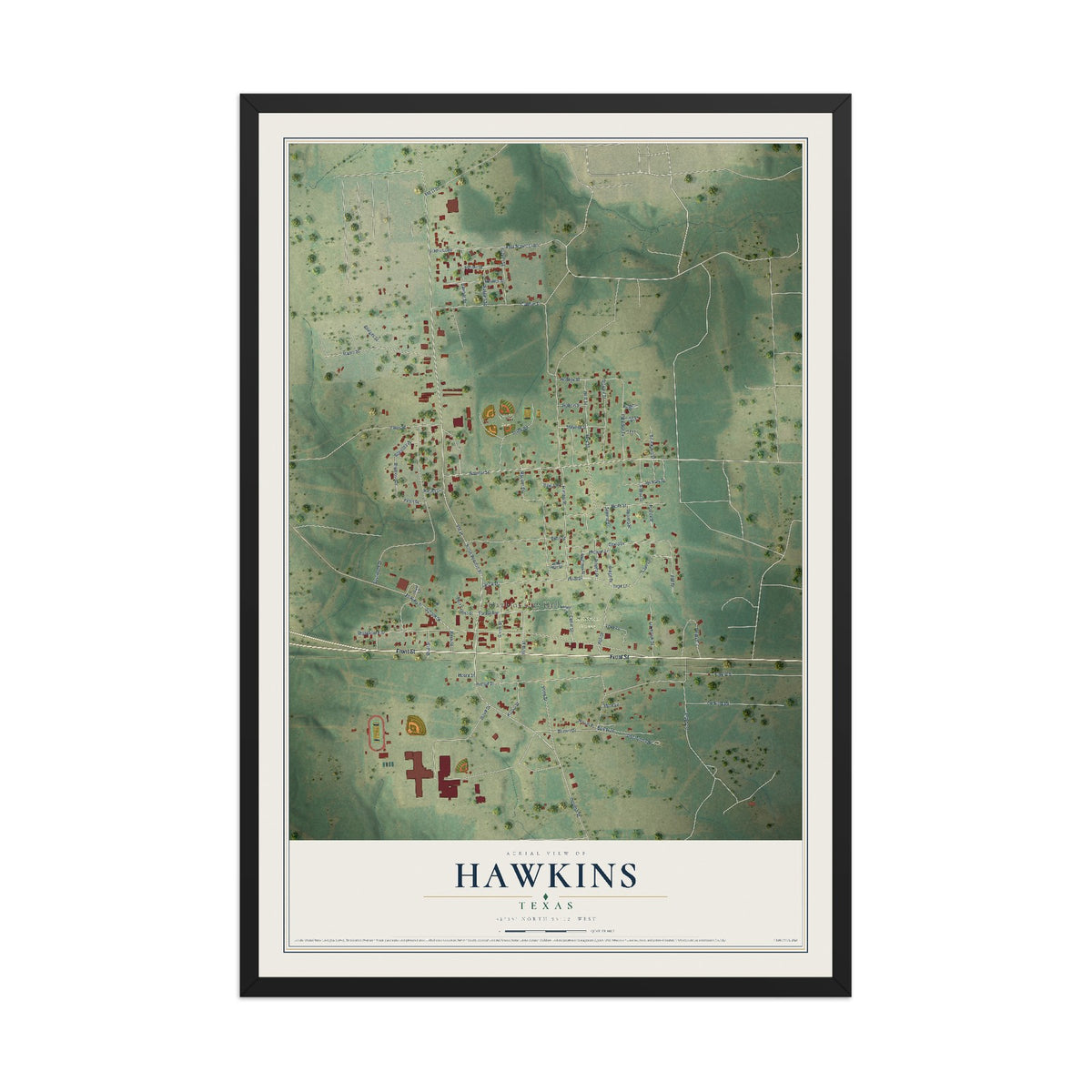 Map of Hawkins, Texas, 12 x 18 inch print in a black wood frame