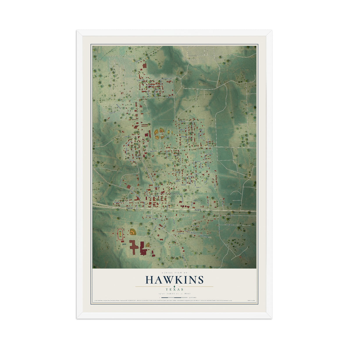 Map of Hawkins, Texas, 12 x 18 inch print in a white wood frame