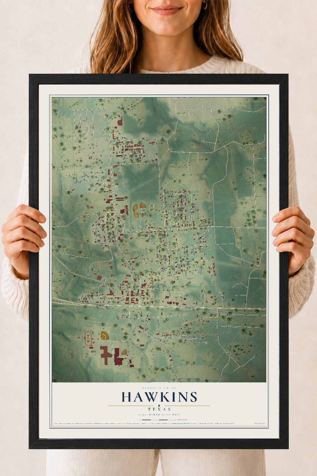 Map of Hawkins, Texas, 18 x 24 inch print in a black wood frame