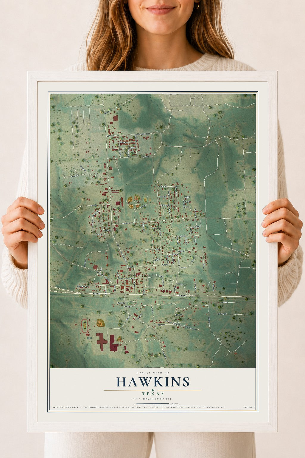 Map of Hawkins, Texas, 18 x 24 inch print in a white wood frame