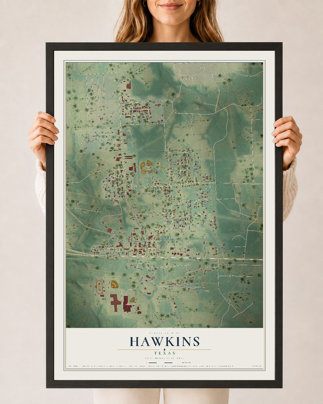 Map of Hawkins, Texas, 24 x 36 inch print in a black wood frame