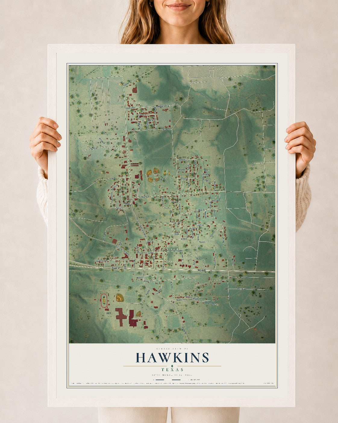 Map of Hawkins, Texas, 24 x 36 inch print in a white wood frame