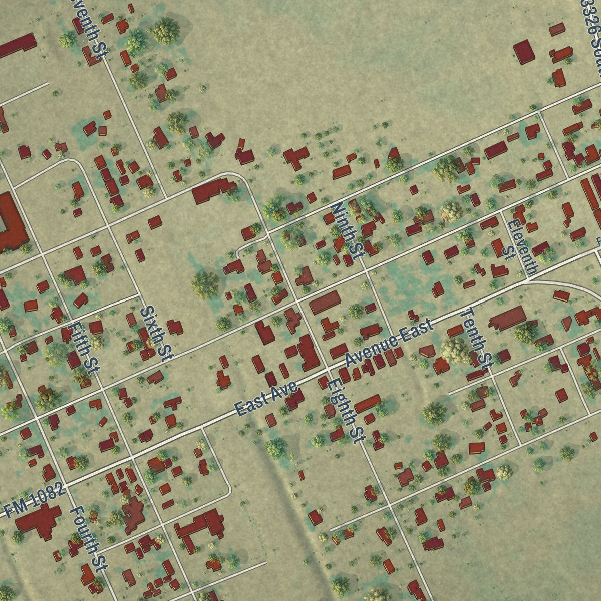 Close-up of the map of Hawley, Texas print showing street and building detail