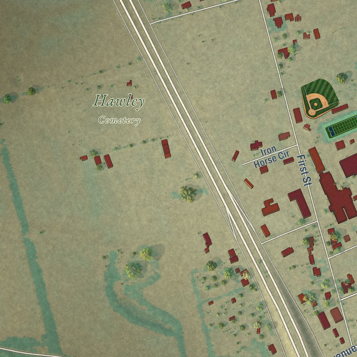 Second close-up of the map of Hawley, Texas print showing more streets and buildings