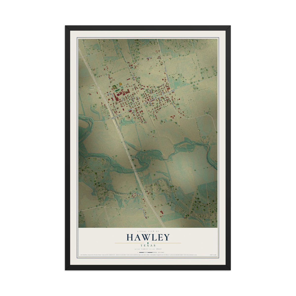 Map of Hawley, Texas, 12 x 18 inch print in a black wood frame