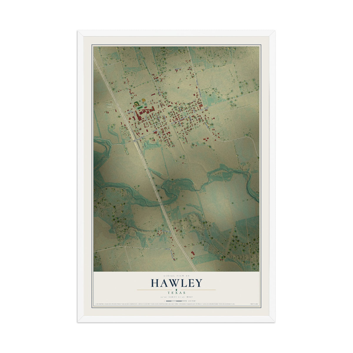Map of Hawley, Texas, 12 x 18 inch print in a white wood frame