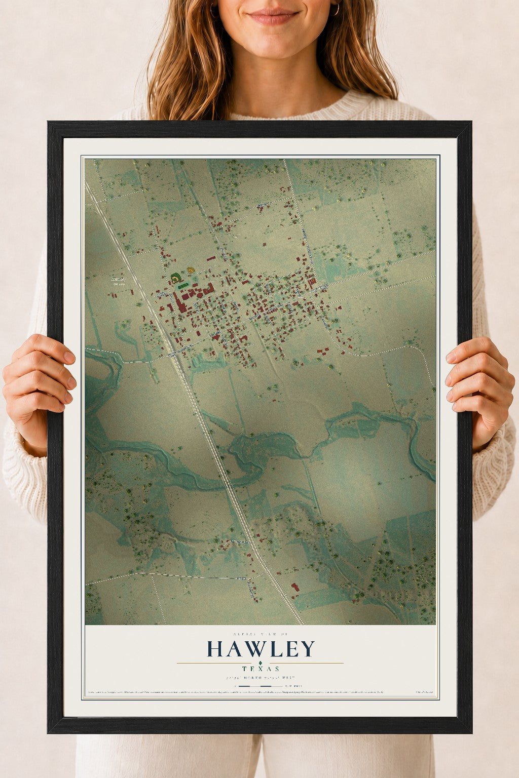 Map of Hawley, Texas, 18 x 24 inch print in a black wood frame