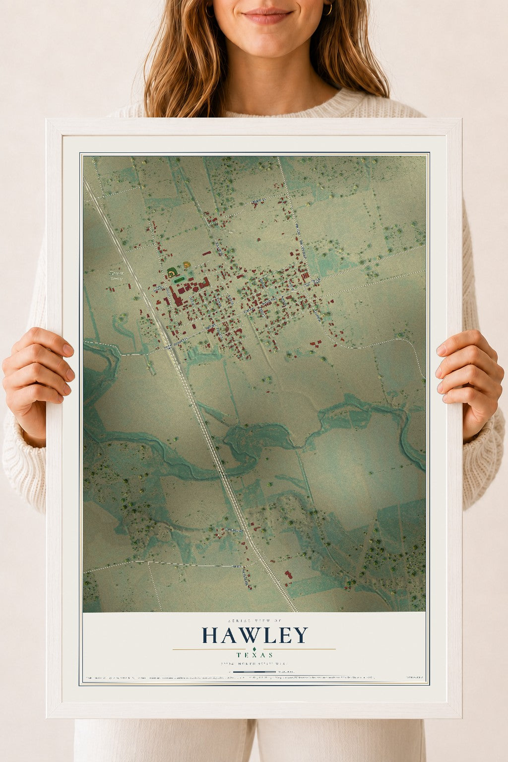 Map of Hawley, Texas, 18 x 24 inch print in a white wood frame