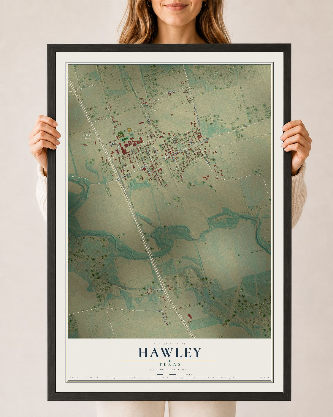 Map of Hawley, Texas, 24 x 36 inch print in a black wood frame