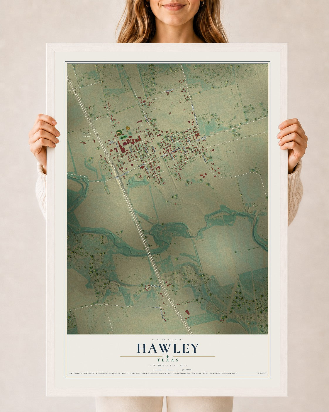 Map of Hawley, Texas, 24 x 36 inch print in a white wood frame