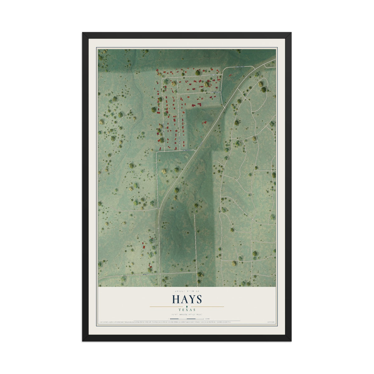 Map of Hays, Texas, 12 x 18 inch print in a black wood frame