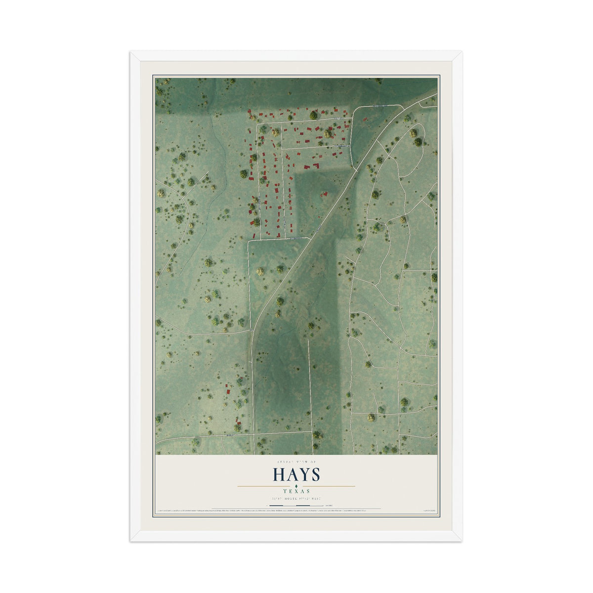 Map of Hays, Texas, 12 x 18 inch print in a white wood frame