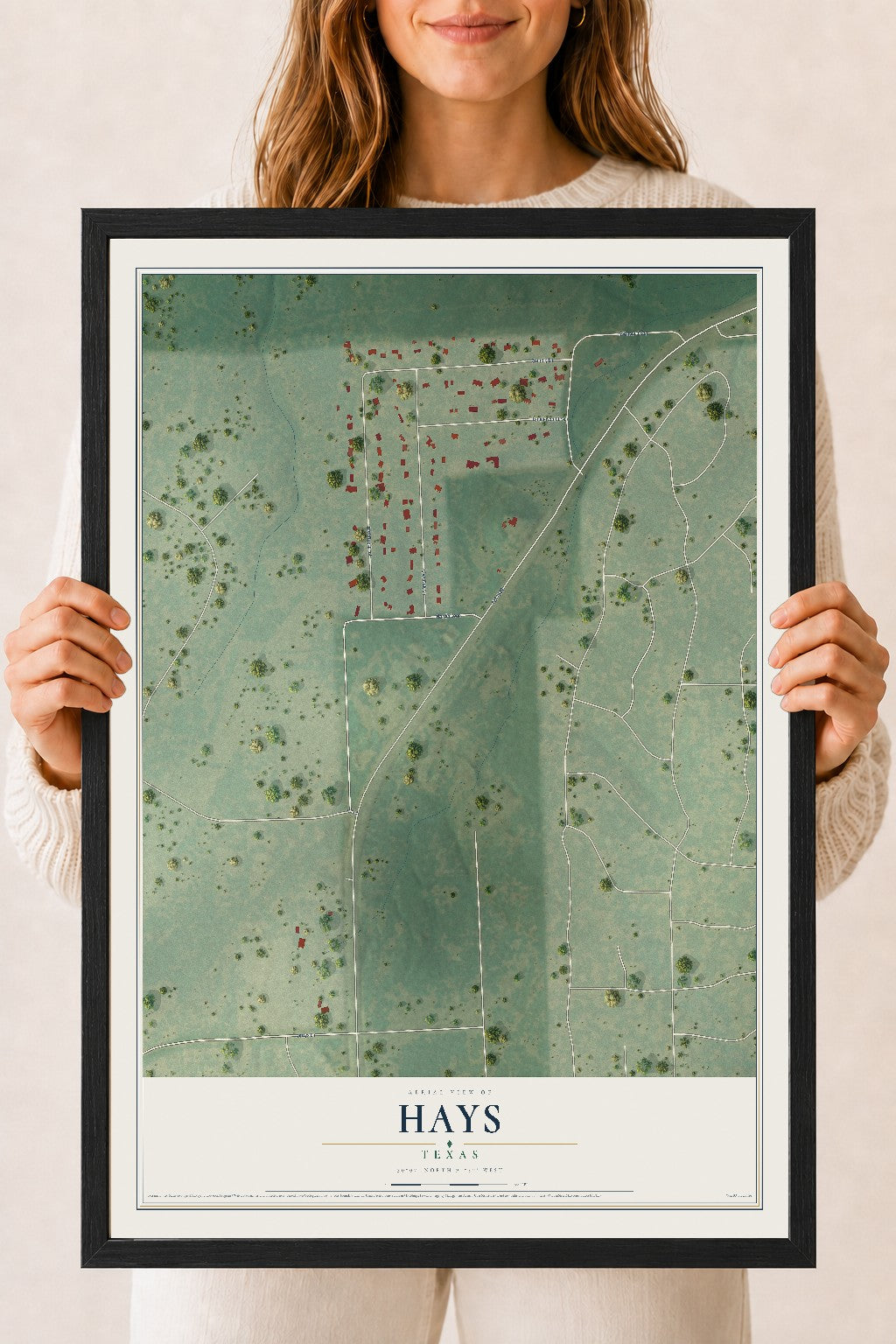 Map of Hays, Texas, 18 x 24 inch print in a black wood frame