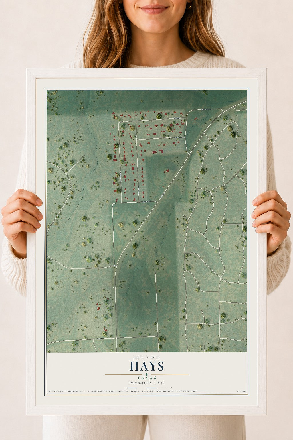 Map of Hays, Texas, 18 x 24 inch print in a white wood frame