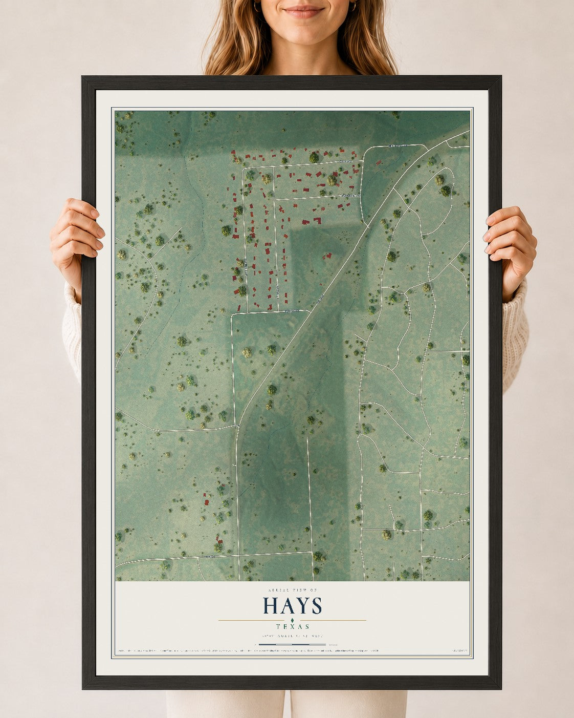 Map of Hays, Texas, 24 x 36 inch print in a black wood frame