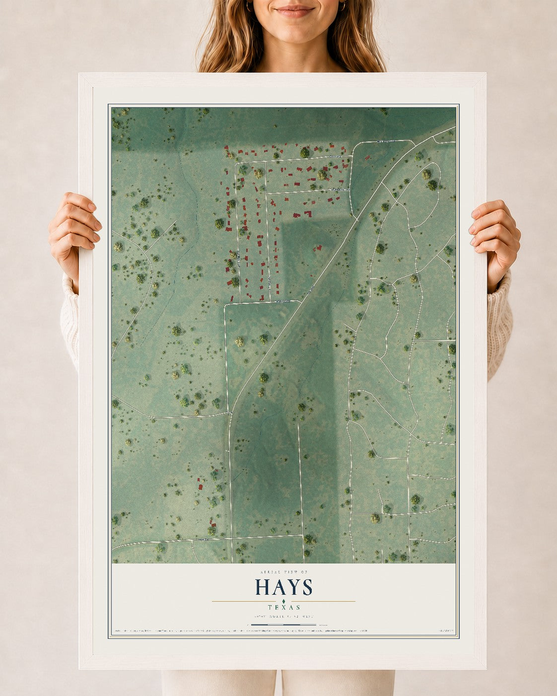 Map of Hays, Texas, 24 x 36 inch print in a white wood frame