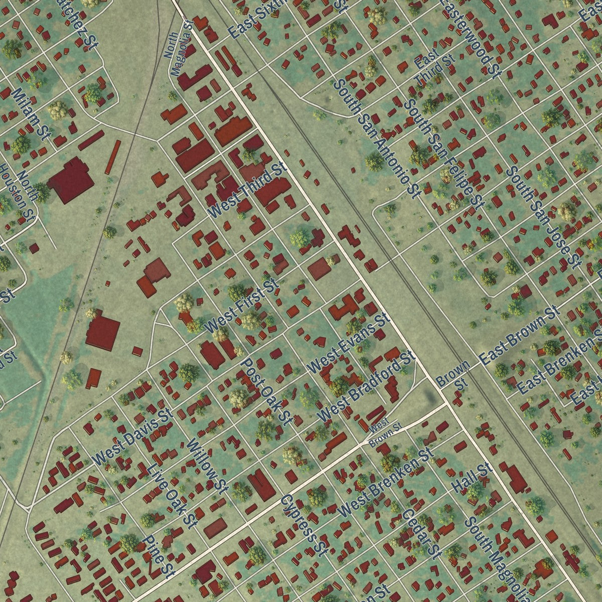 Close-up of the map of Hearne, Texas print showing street and building detail