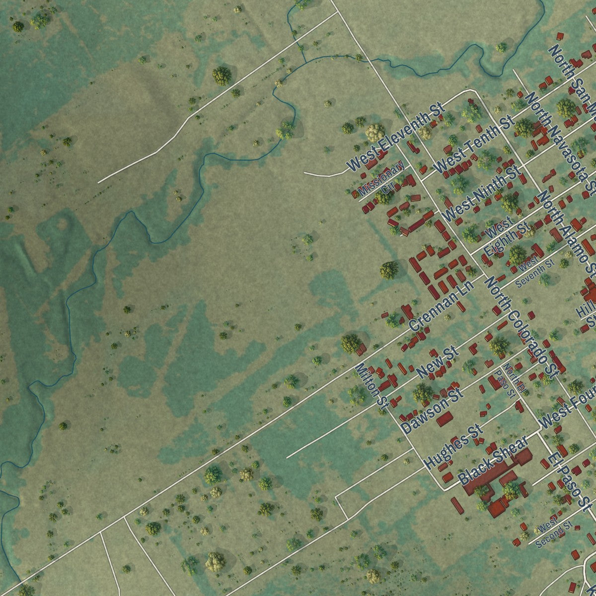 Second close-up of the map of Hearne, Texas print showing more streets and buildings
