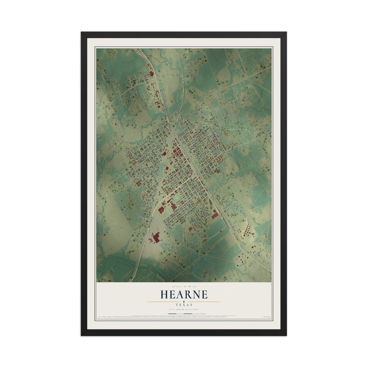 Map of Hearne, Texas, 12 x 18 inch print in a black wood frame