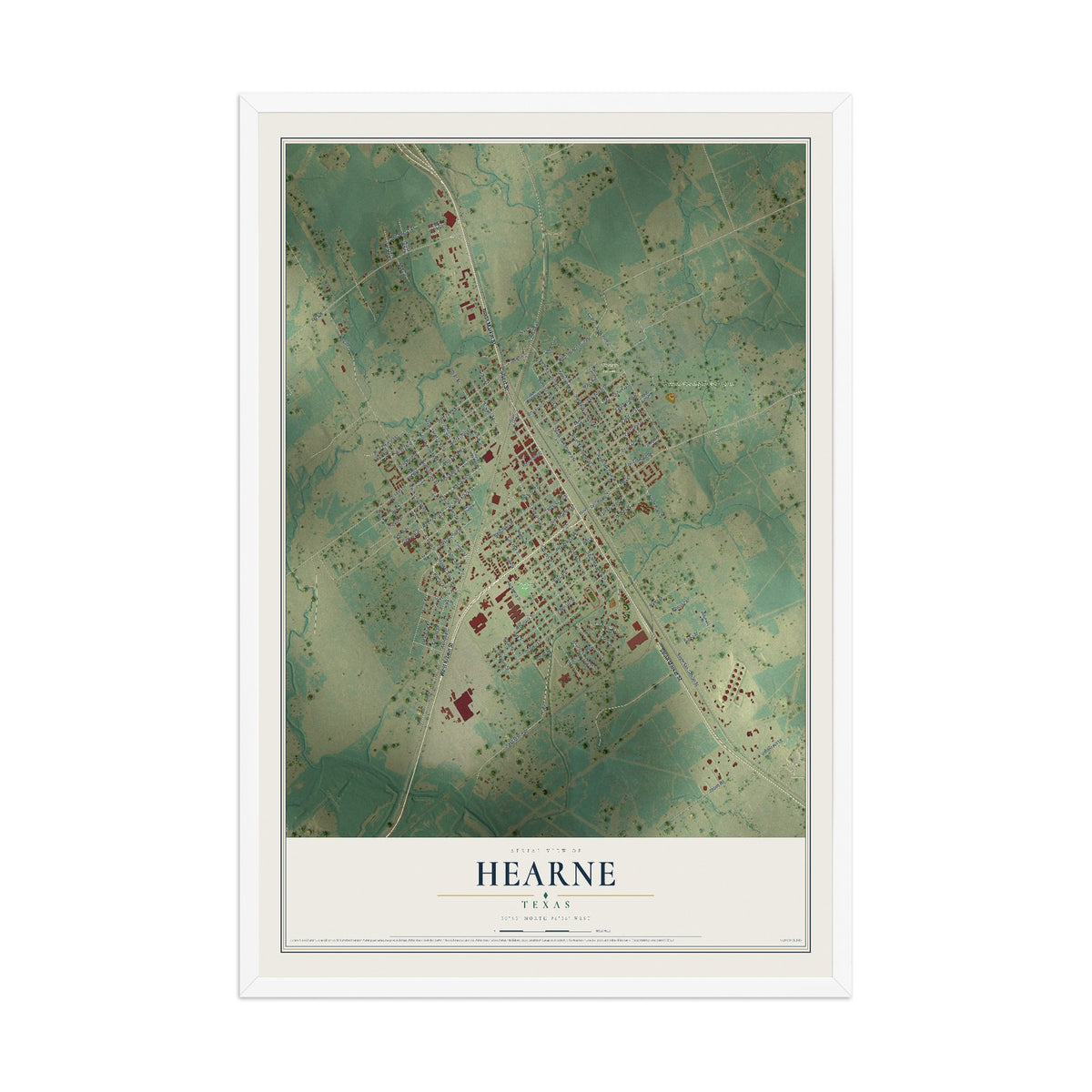 Map of Hearne, Texas, 12 x 18 inch print in a white wood frame