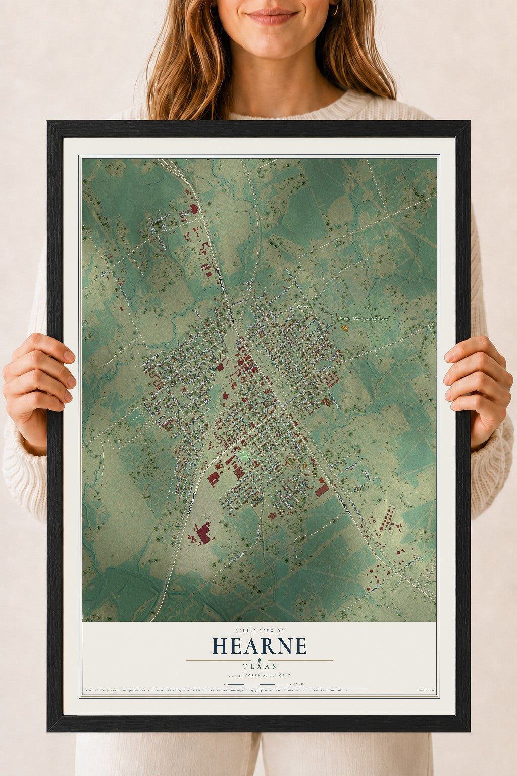 Map of Hearne, Texas, 18 x 24 inch print in a black wood frame