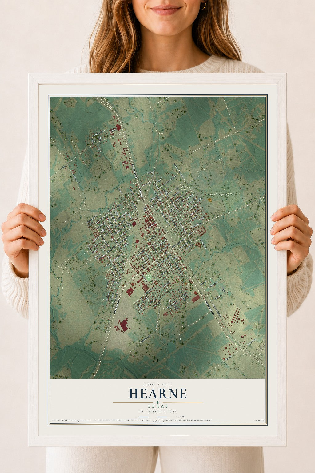 Map of Hearne, Texas, 18 x 24 inch print in a white wood frame