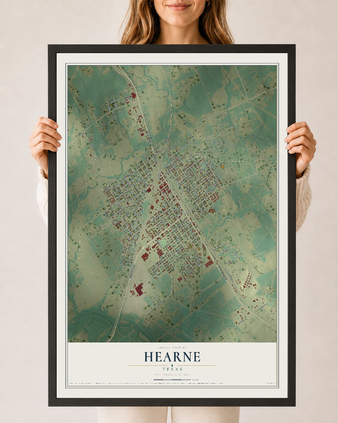 Map of Hearne, Texas, 24 x 36 inch print in a black wood frame