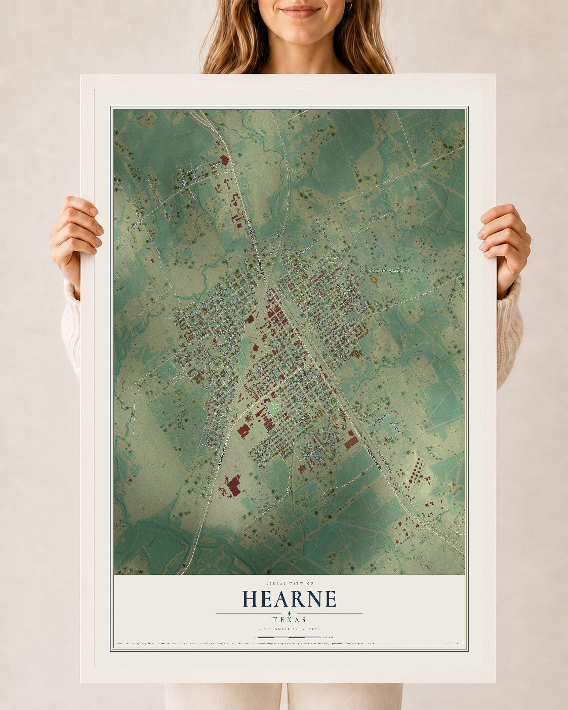 Map of Hearne, Texas, 24 x 36 inch print in a white wood frame