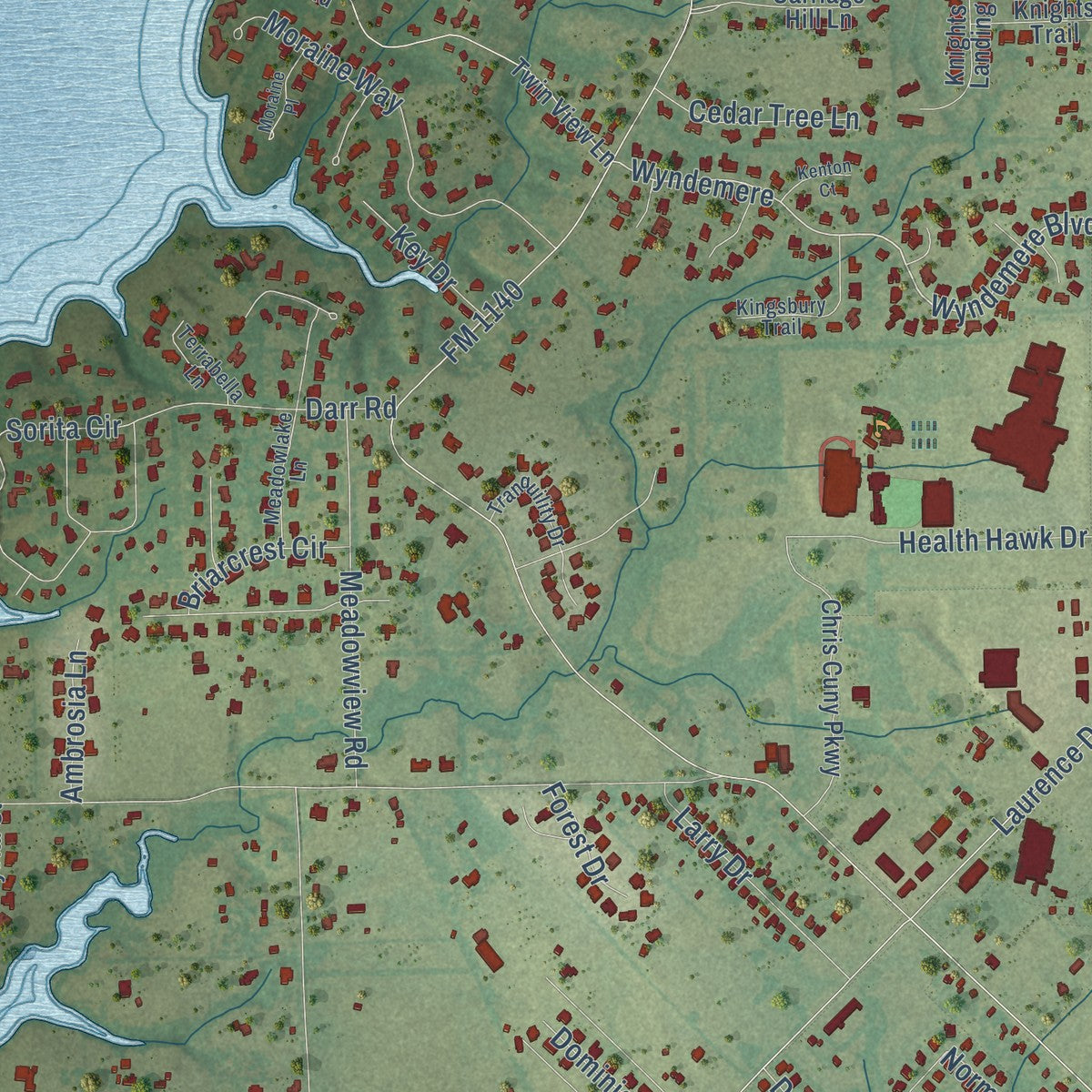 Close-up of the map of Heath, Texas print showing street and building detail