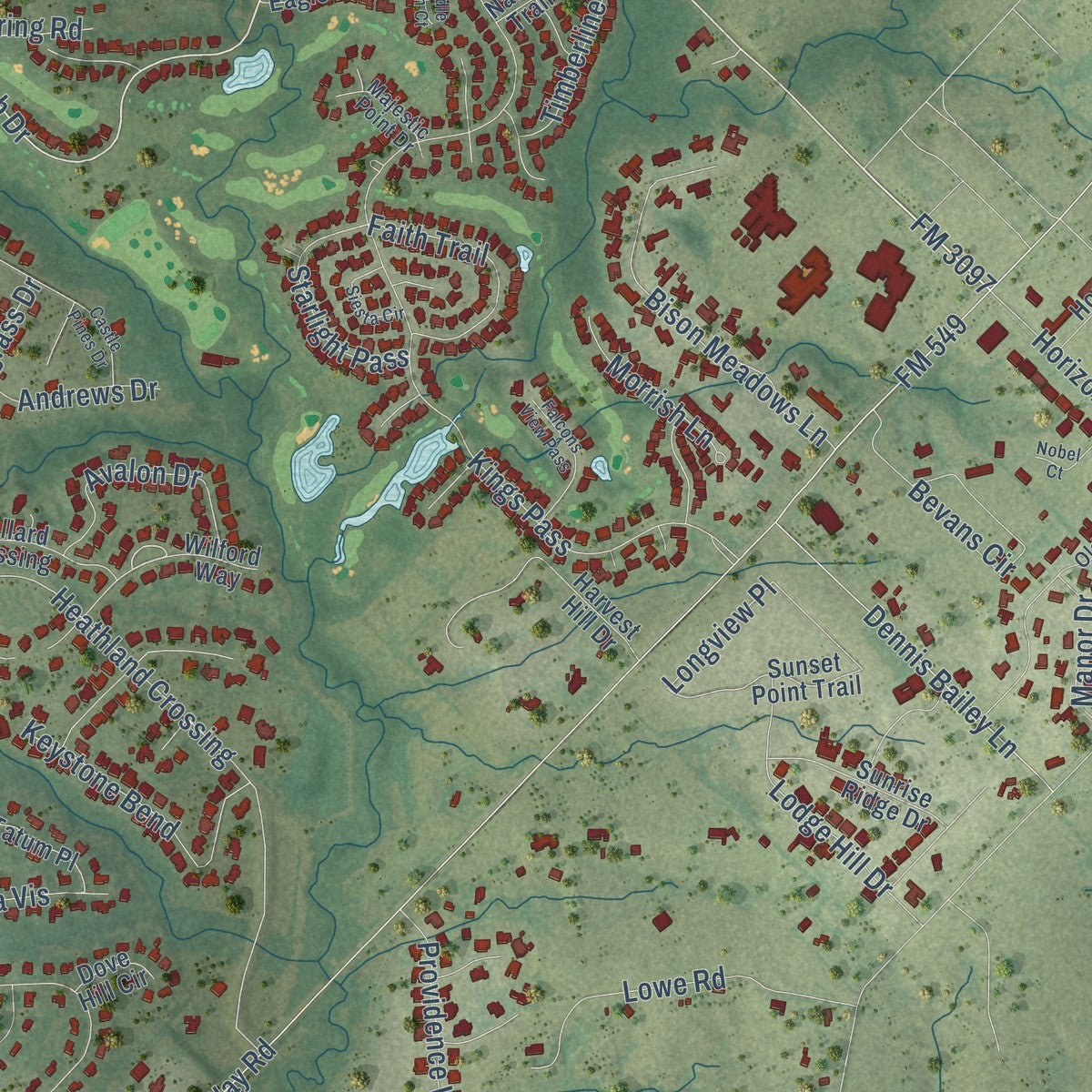 Second close-up of the map of Heath, Texas print showing more streets and buildings