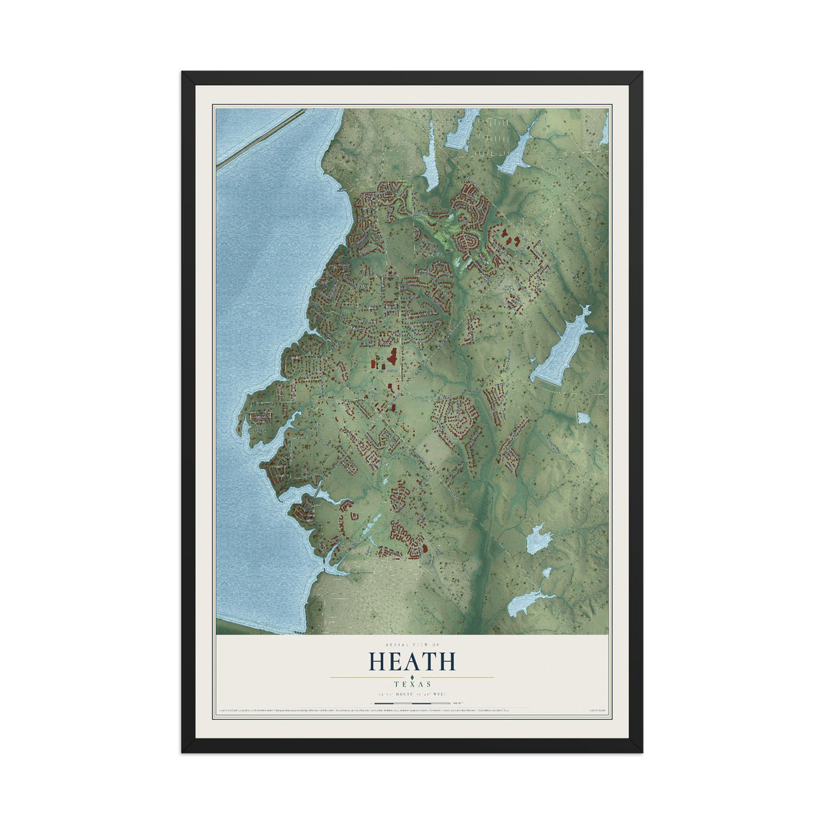 Map of Heath, Texas, 12 x 18 inch print in a black wood frame
