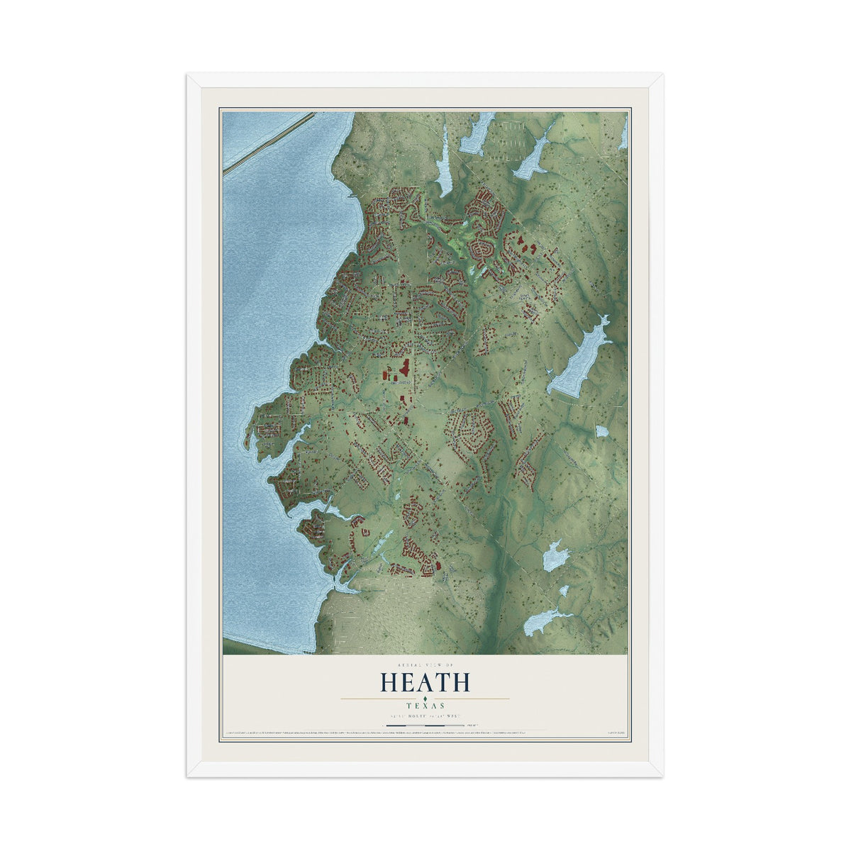 Map of Heath, Texas, 12 x 18 inch print in a white wood frame
