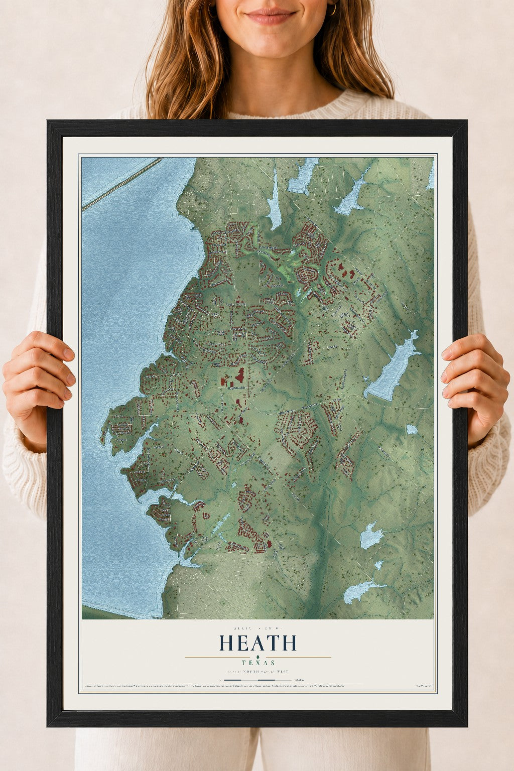 Map of Heath, Texas, 18 x 24 inch print in a black wood frame