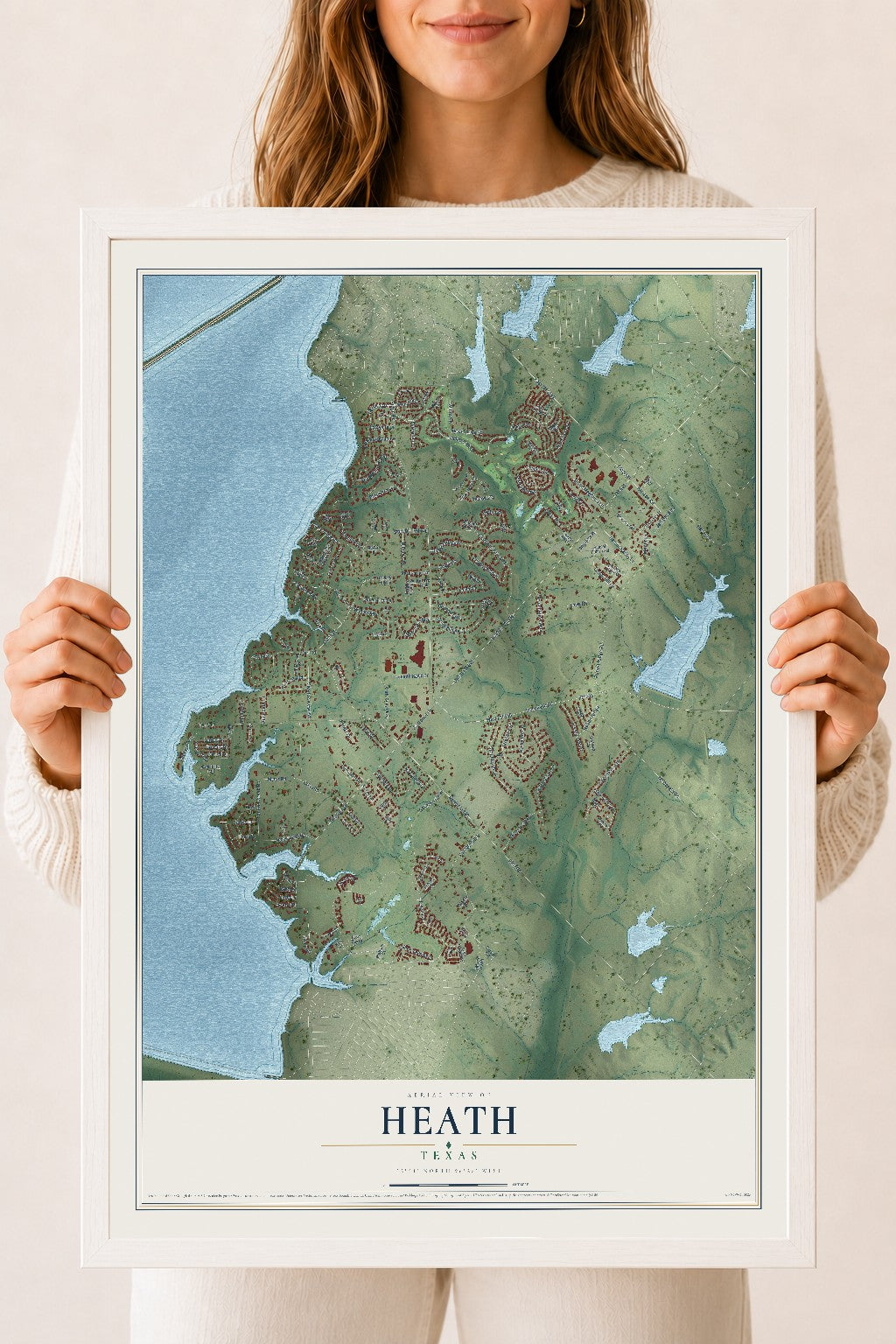 Map of Heath, Texas, 18 x 24 inch print in a white wood frame